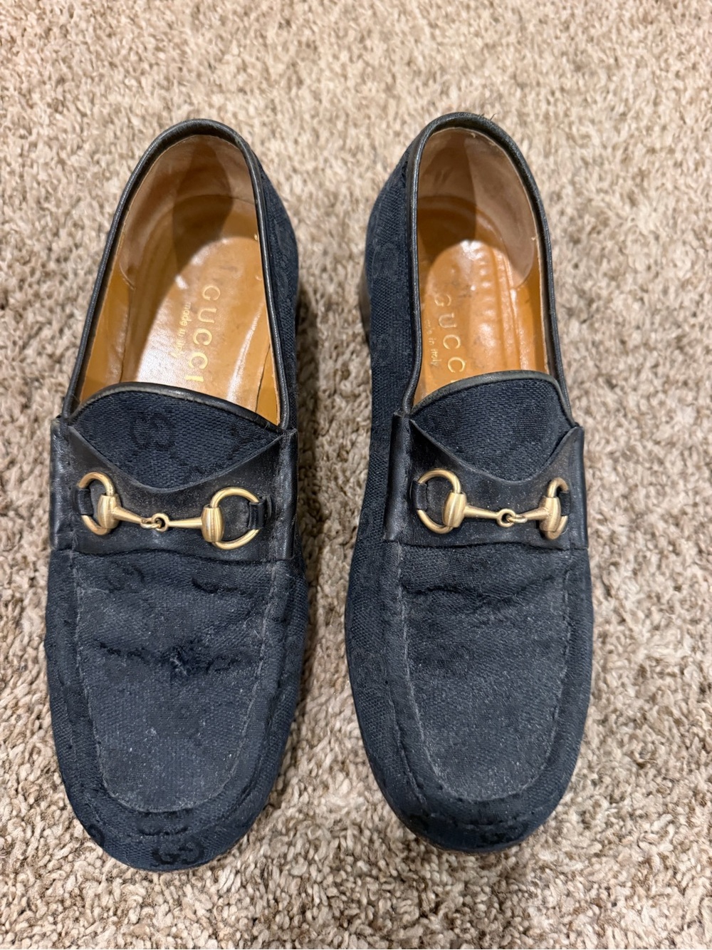 Vintage Gucci Black GG Canvas Horsebit Loafers